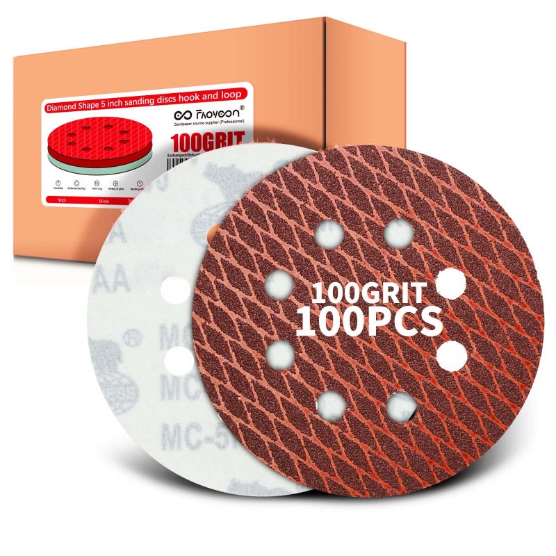 Faoyoon 100 grit Sanding Disc 5 Inch 8 Hole Hook and Loop, Diamond Shape Sand Paper for Woodworking & Automotive etc, Sanding Pads for Random Orbital Sander, 100-Pack - Image 1